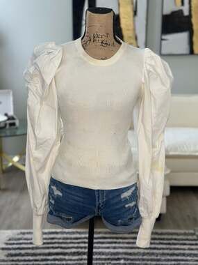 Cherry Koko White Ribbed Knit Top with Poplin Puff Sleeves